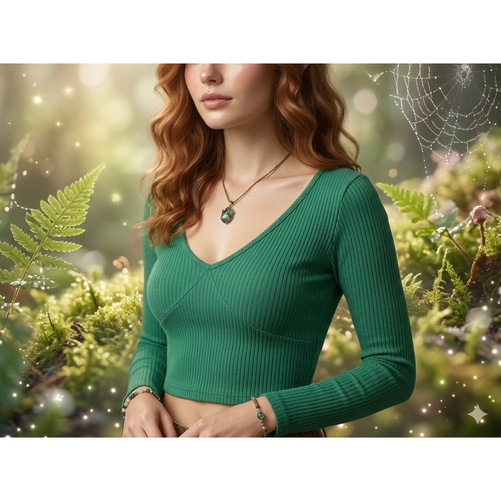 PacSun PAC Cares Womens Crop‎ Top S Green Fairycore Ribbed Long Sleeve V-Neck